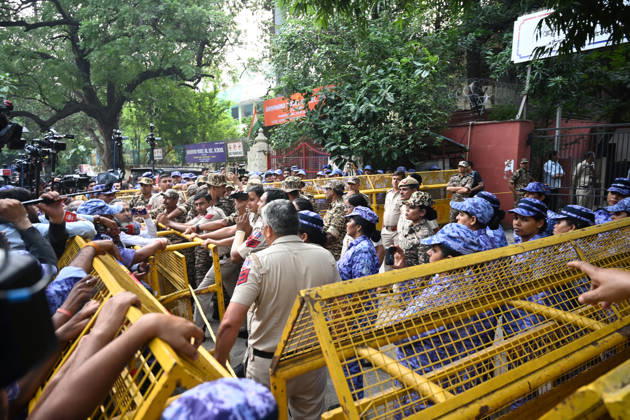 NEW DELHI, INDIA - OCTOBER 17: Security and Lawyers seen present at Mandir Marg Police Station for CJP founder Abhijeet Dipke as he is going to be produced before Special Executive Magistrate (SEM) in the afternoon, on October 17, 2026 in New Delhi, India. Abhijeet Dipke was granted conditional bail and released on Saturday after signing a peace bond, a day after his detention while heading to the Lehra Do Tiranga protest in Delhi. He was arrested on Saturday morning for allegedly violating a peace bond furnished by him on October 10. Dipke was released after signing another Rs 50,000 peace bond, Delhi Police said on Saturday. (Photo by Sonu Mehta Hindustan Times ) CJP Founder Abhijeet Dipke Produced Before Magistrate After Detention, Relea