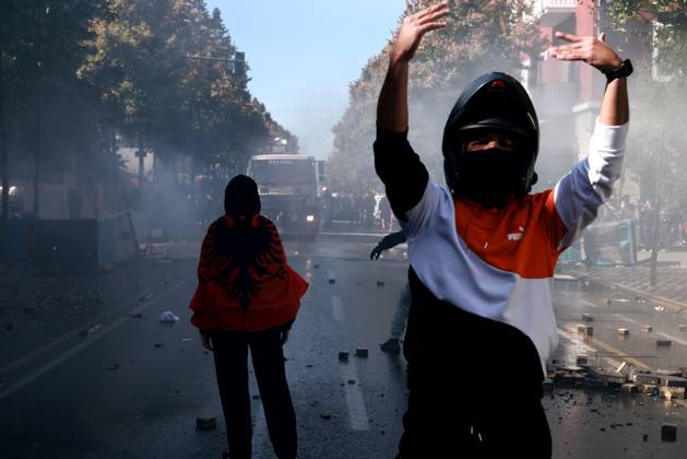 Tirana Clashes Enter Fifth Day TIRANA, ALBANIA, OCTOBER 17, 2026: Demonstrators clash with riot police outside the Ministry of Education during student-led anti-government protests in Tirana. Police deploy tear gas as protesters throw stones during a fifth consecutive day of unrest. Demonstrators demand improved university conditions and the resignation of Prime Minister Edi Rama. Tirana Albania Copyright: x xVlasovxSulajx xJNAxPressx