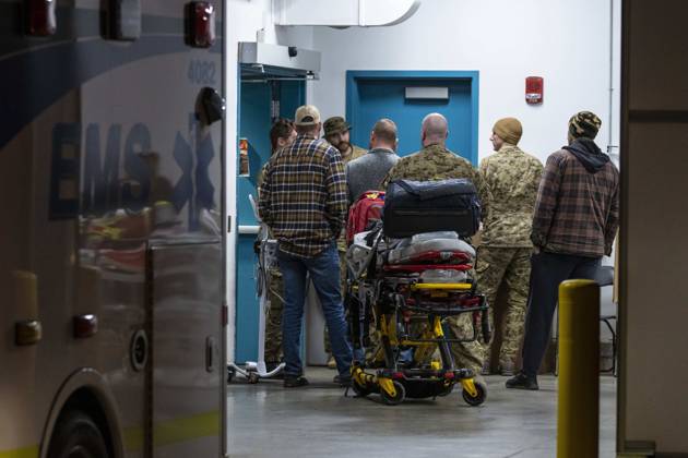 October 17, 2026, Wainwright, Alberta, Canada: Emergency crews and military personnel at the Wainwright Health Centre as injured military members are treated after a fire at CFB Wainwright, outside of Wainwright, Alta., on Saturday, Oct. 17, 2026. Wainwright Canada  - ZUMAc35_ 20261017_zaf_c35_158 Copyright: xJohnxUlanx