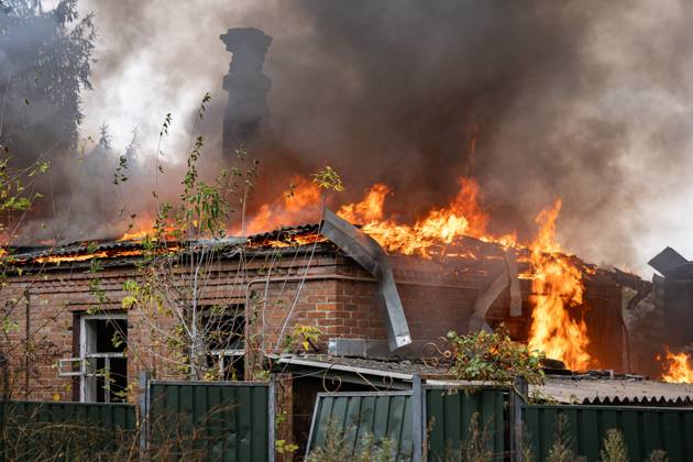 October 17, 2026, Sloviansk, Ukraine: SLOVIANSK, UKRAINE, OCTOBER 17, 2026: Firefighters tackle a blaze at a residential house damaged by a Russian airstrike in Sloviansk, Donetsk region. The strike set the buildingÃ¢â‚¬â ¢s remaining structures on fire. Sloviansk Ukraine  - ZUMAq101 20261017_zna_q101_377 Copyright: xAndrewxClingx