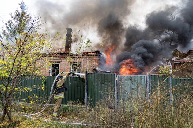 October 17, 2026, Sloviansk, Ukraine: SLOVIANSK, UKRAINE, OCTOBER 17, 2026: Firefighters tackle a blaze at a residential house damaged by a Russian airstrike in Sloviansk, Donetsk region. The strike set the buildingÃ¢â‚¬â ¢s remaining structures on fire. Sloviansk Ukraine  - ZUMAq101 20261017_zna_q101_379 Copyright: xAndrewxClingx