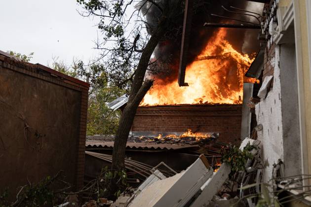 October 17, 2026, Sloviansk, Ukraine: SLOVIANSK, UKRAINE, OCTOBER 17, 2026: Firefighters tackle a blaze at a residential house damaged by a Russian airstrike in Sloviansk, Donetsk region. The strike set the buildingÃ¢â‚¬â ¢s remaining structures on fire. Sloviansk Ukraine  - ZUMAq101 20261017_zna_q101_380 Copyright: xAndrewxClingx