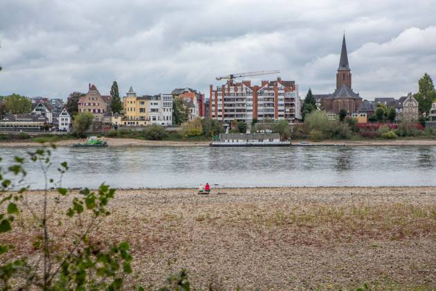 Seit Wochen beeinträchtigt Niedrigwasser den Schiffsverkehr auf dem Rhein. Im Köln lag der Pegel am Sonntag, 18. Oktober, bei nur noch 53 Zentimeter. Das Bild zeigt den Strom zwischen Köln-Poll und Köln-Rodenkirchen im Süden der Stadt. Niedrigwasser am Rhein