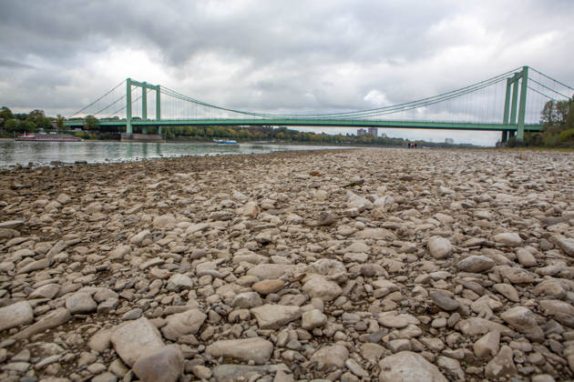 Seit Wochen beeinträchtigt Niedrigwasser den Schiffsverkehr auf dem Rhein. Im Köln lag der Pegel am Sonntag, 18. Oktober, bei nur noch 53 Zentimeter. Das Bild zeigt den Strom zwischen Köln-Poll und Köln-Rodenkirchen und die Rodenkirchener Brücke im Süden der Stadt. Niedrigwasser am Rhein