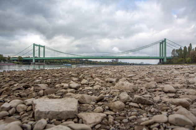 Seit Wochen beeinträchtigt Niedrigwasser den Schiffsverkehr auf dem Rhein. Im Köln lag der Pegel am Sonntag, 18. Oktober, bei nur noch 53 Zentimeter. Das Bild zeigt den Strom zwischen Köln-Poll und Köln-Rodenkirchen und die Rodenkirchener Brücke im Süden der Stadt. Niedrigwasser am Rhein