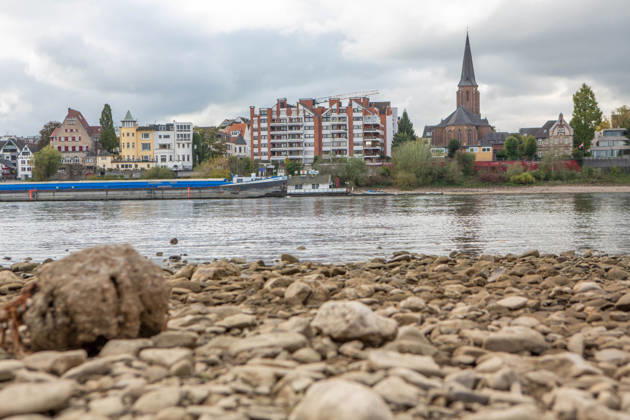 Seit Wochen beeinträchtigt Niedrigwasser den Schiffsverkehr auf dem Rhein. Im Köln lag der Pegel am Sonntag, 18. Oktober, bei nur noch 53 Zentimeter. Das Bild zeigt den Strom zwischen Köln-Poll und Köln-Rodenkirchen im Süden der Stadt. Niedrigwasser am Rhein