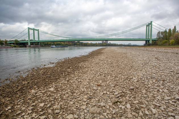 Seit Wochen beeinträchtigt Niedrigwasser den Schiffsverkehr auf dem Rhein. Im Köln lag der Pegel am Sonntag, 18. Oktober, bei nur noch 53 Zentimeter. Das Bild zeigt den Strom zwischen Köln-Poll und Köln-Rodenkirchen und die Rodenkirchener Brücke im Süden der Stadt. Niedrigwasser am Rhein