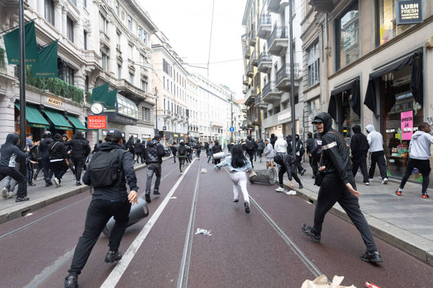IPA89867921 - Milan, October 18, 2026: More Clashes and Looting in Downtown Milan the Day After the Protest; Pictured: Via Torino Rioters Storm In  Copyright: xFrancescoxEnriquezx xFrancescoxEnriquezx IPA89867921