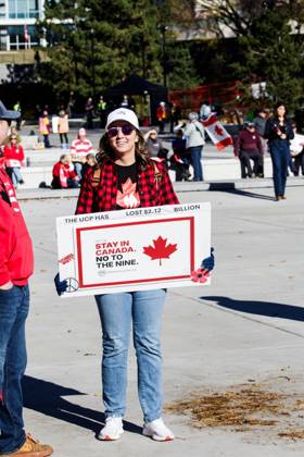 October 18, 2026, Edmonton, Alberta, Canada: Supporters display their signs at the Alberta Federation of Labour s Canada Unity Rally at the Alberta Legislature, ahead of the Alberta Referendum..With less than 24 hours until Referendum voting starts, the Alberta Federation of Labour and Fight Back supporters rallied at the Alberta Legislature grounds to support a Unified Alberta in Canada and oppose the prospect of separation from Canada. The group is opposed to the 9 other questions on the Alberta referendum ballots. Edmonton Canada - ZUMAs197 20261018_aaa_s197_645 Copyright: xRonxPalmerx
