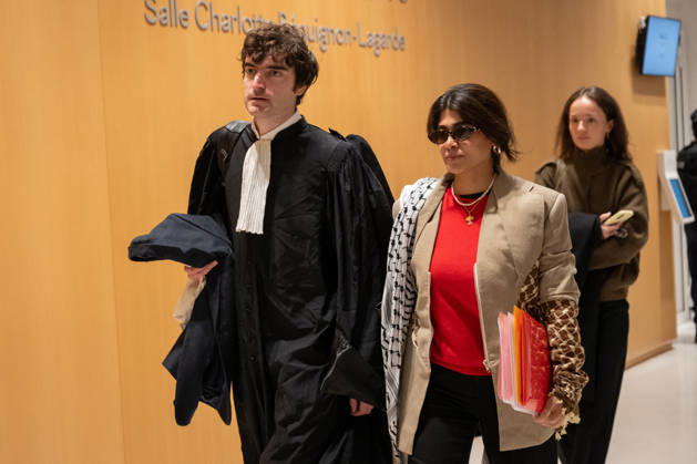 Rima Hassan Trial - Paris AJ www.alexisjumeau.comMEP Rima Hassan, wearing a keffiyeh draped over her shoulders (a symbol of the Palestinian people’s struggle), accompanied by her lawyer, Maitre Vincent Brengarth, walks towards the courtroom, Trial of Rima Hassan, MEP for the La France Insoumise (LFI) movement (a left-wing opposition political party), on charges of glorifying terrorism following a tweet featuring a photograph of Kozo Okamoto repeating a message about the need for armed struggle for the Palestinian cause and Palestine’s war with Israel, in the courtroom of the Paris Criminal Court, France on October 19, 2026. Photo by Alexis Jumeau ABACAPRESS.COM Paris France Copyright: xJumeauxAlexis ABACAx