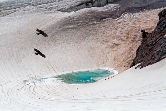 Creative Highlights World Two ravens soar above a stunning turquoise glacial lake El brusskiy, Karachay-Cherkessia, Russia CR_YUKI261018B-2149109-01 ,model released, Symbolfoto ,property released