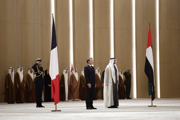 President Macron Visit To Middle East - Abu Dhabi Sheikh Mohamed bin Zayed Al Nahyan, President of the United Arab Emirates (UAE), and French President Emmanuel Macron review troops upon Macron s arrival at Zayed International Airport in Abu Dhabi, United Arab Emirates, October 19, 2026. Photo by Benoit Tessier Pool ABACAPRESS.COM Abu Dhabi United Arab Emirates Copyright: xTessierxBenoit Pool ABACAx