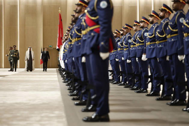 President Macron Visit To Middle East - Abu Dhabi Sheikh Mohamed bin Zayed Al Nahyan, President of the United Arab Emirates (UAE), and French President Emmanuel Macron review troops upon Macron s arrival at Zayed International Airport in Abu Dhabi, United Arab Emirates, October 19, 2026. Photo by Benoit Tessier Pool ABACAPRESS.COM Abu Dhabi United Arab Emirates  Copyright: xTessierxBenoit Pool ABACAx