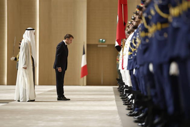 President Macron Visit To Middle East - Abu Dhabi Sheikh Mohamed bin Zayed Al Nahyan, President of the United Arab Emirates (UAE), and French President Emmanuel Macron review troops upon Macron s arrival at Zayed International Airport in Abu Dhabi, United Arab Emirates, October 19, 2026. Photo by Benoit Tessier Pool ABACAPRESS.COM Abu Dhabi United Arab Emirates  Copyright: xTessierxBenoit Pool ABACAx