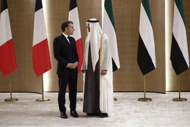 President Macron Visit To Middle East - Abu Dhabi Sheikh Mohamed bin Zayed Al Nahyan, President of the United Arab Emirates (UAE), welcomes French President Emmanuel Macron upon his arrival at Zayed International Airport in Abu Dhabi, United Arab Emirates, October 19, 2026. Photo by Benoit Tessier Pool ABACAPRESS.COM Abu Dhabi United Arab Emirates  Copyright: xTessierxBenoit Pool ABACAx