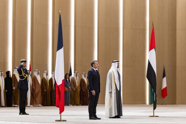 Macron visits UAE on second stop of four-nation Gulf tour ABU DHABI, UAE - OCTOBER 19: (----EDITORIAL USE ONLY - MANDATORY CREDIT - UAE PRESIDENTIAL PALACE HANDOUT - NO MARKETING NO ADVERTISING CAMPAIGNS - DISTRIBUTED AS A SERVICE TO CLIENTS----) UAE President Sheikh Mohamed bin Zayed Al Nahyan (R) welcomes French President Emmanuel Macron (L), who arrived in the United Arab Emirates, marking the second leg of his four-nation Gulf tour, at Qasr Al Watan in the capital Abu Dhabi on October 19, 2026. UAE Presidential Palace Anadolu Abu Dhabi United Arab Emirates. Editorial use only. Please get in touch for any other usage.  Copyright: x2026xAnadoluxUAExPresidentialxPalacex