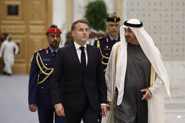 President Macron Visit To Middle East - Abu Dhabi Sheikh Mohamed bin Zayed Al Nahyan, President of the United Arab Emirates (UAE), welcomes French President Emmanuel Macron for a meeting at Qasr Al Watan presidential palace in Abu Dhabi, United Arab Emirates, October 19, 2026. Photo by Benoit Tessier Pool ABACAPRESS.COM Abu Dhabi United Arab Emirates  Copyright: xTessierxBenoit Pool ABACAx