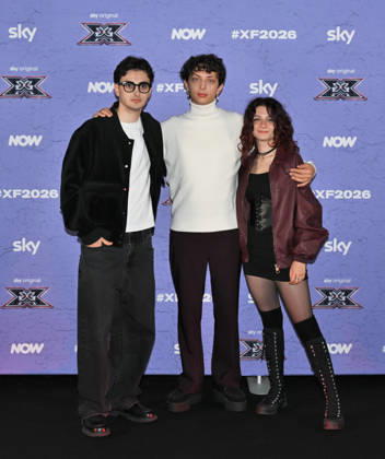 IPA89927953 - Milan, Italy: X Factor 2026 photocall featuring the 12 official contestants IRAMA S TEAM In the photo: Le Distanze (Andrea Manuel Pagella, Saverio Campese, Corinna Lanari)  Copyright: xNickxZonnax xNickxZonnax IPA89927953