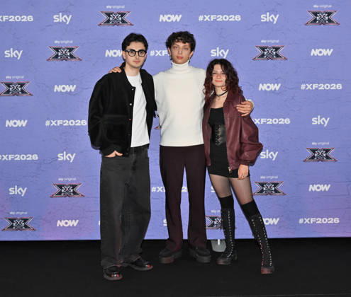 IPA89927956 - Milan, Italy: X Factor 2026 photocall featuring the 12 official contestants IRAMA S TEAM In the photo: Le Distanze (Andrea Manuel Pagella, Saverio Campese, Corinna Lanari)  Copyright: xNickxZonnax xNickxZonnax IPA89927956