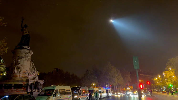 Helicopter Over Republic Square During Curfew - Paris Videograbs - A police helicopter overflies the Place de la République during the first night of an enforced overnight curfew following recent widespread urban unrest. Security forces patrolled empty streets in designated sectors to enforce the strict 11:00 p.m. to 6:00 a.m. movement restriction imposed in the capital after days of looting and clashes over high living costs. Paris, France, October 19, 2026. Photo by CLPRESS ABACAPRESS.COM Paris Ile-de-France France  Copyright: xCLPRESS ABACAx