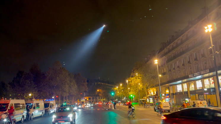 Helicopter Over Republic Square During Curfew - Paris Videograbs - A police helicopter overflies the Place de la République during the first night of an enforced overnight curfew following recent widespread urban unrest. Security forces patrolled empty streets in designated sectors to enforce the strict 11:00 p.m. to 6:00 a.m. movement restriction imposed in the capital after days of looting and clashes over high living costs. Paris, France, October 19, 2026. Photo by CLPRESS ABACAPRESS.COM Paris Ile-de-France France  Copyright: xCLPRESS ABACAx