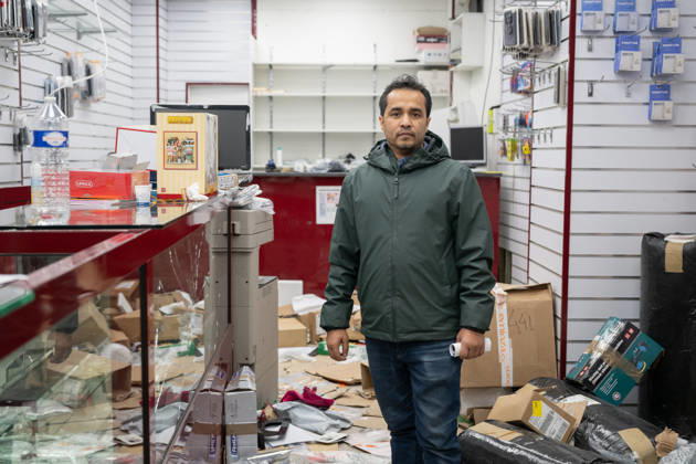 Shops Looted After the October 17th Demonstration - Paris AJ This photo shows the Owner of the store Lyca Mobile Hassan Rashadul at the Boulevard de Magenta store after it has been looted, ransacked, and vandalized on October 19, 2026 two days after riots and looting occurred (pillage) on the sidelines of nationwide cost-of-living demonstrations. Photo by Alexis Jumeau ABACAPRESS.COM Paris France Copyright: xJumeauxAlexis ABACAx