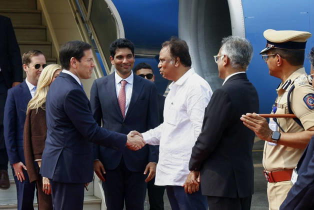 RECORD DATE NOT STATED U.S. Secretary of State Marco Rubio arrives in Mumbai Mumbai, Oct 20 (ANI): U.S. Secretary of State Marco Rubio and his wife Jeanette Dousdebes Rubio receive a warm welcome from Maharashtra Minister of Culture, Electronics, IT& AI Ashish Shelar upon their arrival at the airport, in Mumbai on Tuesday. U.S. Ambassador to India Sergio Gor also present. (@MEAIndia X ANI Photo) Mumbai Maharashtra India Copyright: xANIx ANI_20261020125