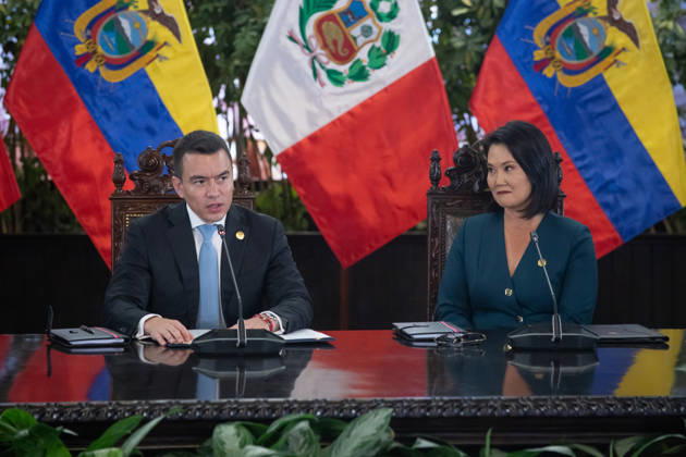 Keiko Fujimori - Daniel Noboa meeting in Peru LIMA, PERU - OCTOBER 20: Peruvian President Keiko Fujimori meets with Ecuadorian President Daniel Noboa at the Government Palace in Lima, Peru on October 20, 2026. The leaders gathered for the 17th Binational Cabinet meeting between Peru and Ecuador. Jorge Cerdan Anadolu Lima Peru. Editorial use only. Please get in touch for any other usage.  Copyright: x2026xAnadoluxJorgexCerdanx