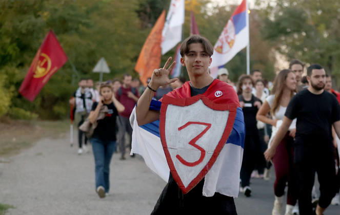 20.10.2026 Indjija(Serbia) Politics Life Pre election campaign, student list nr.3 students winning. During their walk from Novi Sad to Belgrade.