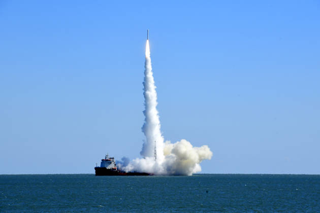 (261021) -- RIZHAO, Oct. 21, 2026 -- The CERES-1 Y8 carrier rocket carrying a new satellite blasts off from the waters near the city of Rizhao, east China s Shandong Province, Oct. 21, 2026. China launched a rocket from the ocean waters near the city of Rizhao in east China s Shandong Province on Wednesday, placing a new satellite into planned orbit. The CERES-1 Y8 carrier rocket blasted off at 11:39 a.m. (Beijing Time). The Taiyuan Satellite Launch Center carried out this offshore launch. ) (EyesOnSci) CHINA-SHANDONG-RIZHAO-SATELLITE-LAUNCH (CN) GuoxXulei 