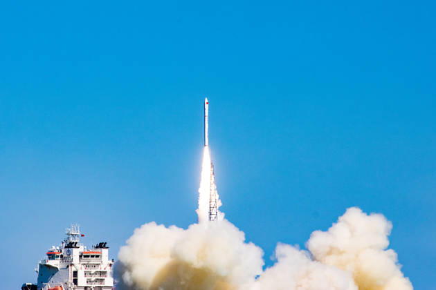 RIZHAO, CHINA - OCTOBER 21: The Ceres-1 sea-launched carrier rocket lifts off from the sea area near Rizhao on October 21, 2026 in Rizhao, Shandong Province of China. The mission, marking the eighth sea launch from these waters, carried the Xiguang-4 01 remote sensing satellite using a one-rocket-one-satellite configuration. Local maritime authorities managed traffic control and on-site security to ensure the operation.  Copyright: xVCGx 111675978315