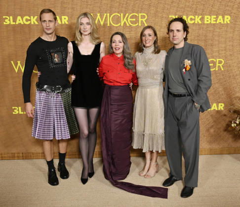 Alexander Skarsgard, Elizabeth Debicki, Olivia Colman, Eleanor Wilson and Alex Huston Fischer (L-R) attend the premiere of Black Bear Pictures motion picture romantic fantasy comedy Wicker at the Director s Guild of America in Los Angeles on Tuesday, October 20. 2026. Storyline: An ostracized fisherwoman commissions the local basketmaker to weave her a husband, but when her wicker creation proves unexpectedly extraordinary, his presence ignites jealousy and upheaval that threatens their quiet village.  LAP2026102036 JIMxRUYMEN