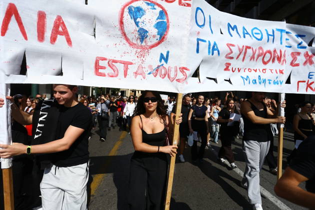October 21, 2026, Athens, Greece: Students, university students and teachers take part in a nationwide education protest in central Athens on Wednesday, October 21, 2026. Demonstrators gather at the Propylaea and march through the city centre, calling for better school conditions, increased public education funding, and measures to address the rising cost of studying and student housing...Protesters demand the recruitment of more teachers, safer school buildings, improved student support and affordable accommodation, as similar demonstrations take place in cities across Greece. Athens Greece - ZUMAv62_ 20261021_zaf_v62_010 Copyright: xAristidisxVafeiadakisx