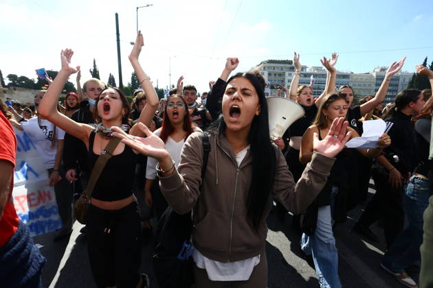 October 21, 2026, Athens, Greece: Students, university students and teachers take part in a nationwide education protest in central Athens on Wednesday, October 21, 2026. Demonstrators gather at the Propylaea and march through the city centre, calling for better school conditions, increased public education funding, and measures to address the rising cost of studying and student housing...Protesters demand the recruitment of more teachers, safer school buildings, improved student support and affordable accommodation, as similar demonstrations take place in cities across Greece. Athens Greece - ZUMAv62_ 20261021_zaf_v62_013 Copyright: xAristidisxVafeiadakisx
