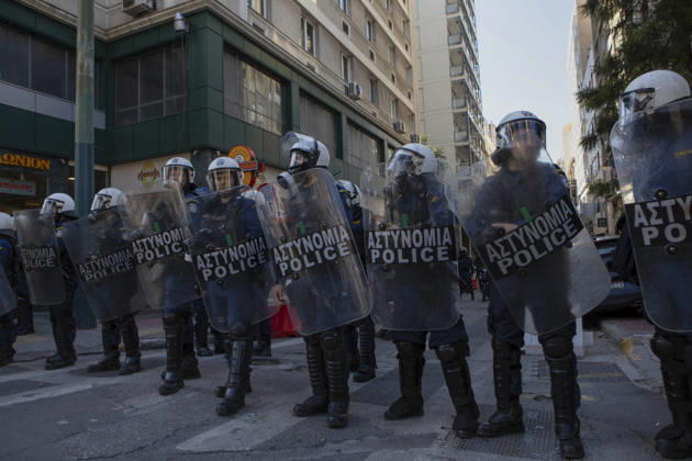 Athens Greece Living Costs Protest Riot police stand guard during a protest in Athens, Greece on October 21, 2026. Students and other demonstrators marched through central Athens to protest rising living costs and economic pressures. Organizers say the concerns raised by participants echo grievances voiced during recent demonstrations in France. Athens Attica Greece Copyright: xElvisxTakahashixMantellox