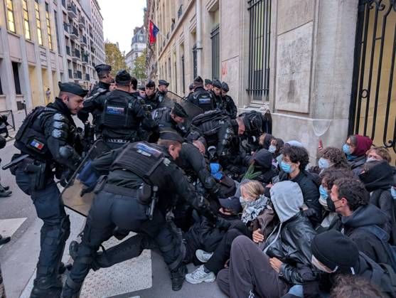 Students stage sit-in protest at Sciences Po Paris PARIS, FRANCE - OCTOBER 22: French gendarmerie officers intervene as students stage a sit-in protest outside Sciences Po Paris in Paris, France, on October 22, 2026. Officers attempt to remove seated protesters from the area during the demonstration. Luc Auffret Anadolu Paris France. Editorial use only. Please get in touch for any other usage.  Copyright: x2026xAnadoluxLucxAuffretx