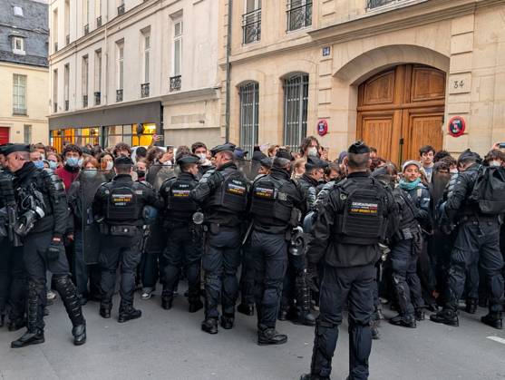 Students stage sit-in protest at Sciences Po Paris PARIS, FRANCE - OCTOBER 22: French gendarmerie officers form a security cordon as students stage a protest at Sciences Po Paris in Paris, France, on October 22, 2026. Officers holding riot shields face a crowd of protesters gathered on a street near the institution. Luc Auffret Anadolu Paris France. Editorial use only. Please get in touch for any other usage.  Copyright: x2026xAnadoluxLucxAuffretx