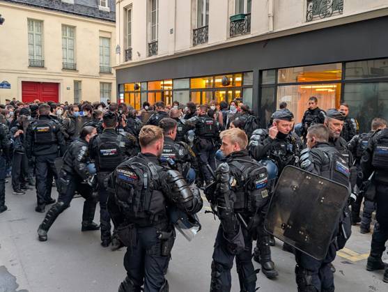Students stage sit-in protest at Sciences Po Paris PARIS, FRANCE - OCTOBER 22: French gendarmerie officers form a security cordon as students stage a protest at Sciences Po Paris in Paris, France, on October 22, 2026. Officers holding riot shields face a crowd of protesters gathered on a street near the institution. Luc Auffret Anadolu Paris France. Editorial use only. Please get in touch for any other usage.  Copyright: x2026xAnadoluxLucxAuffretx