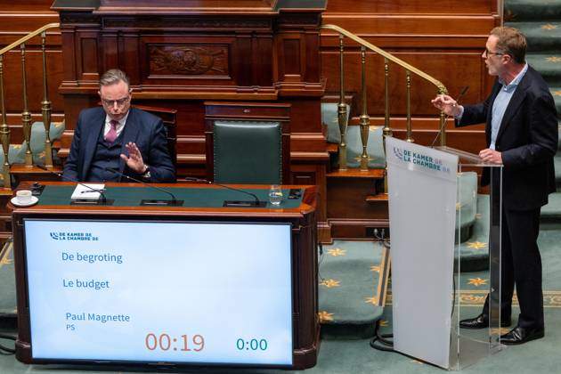Prime Minister Bart De Wever and PS Paul Magnette pictured during a plenary session of the Chamber at the federal parliament in Brussels, Thursday 22 October 2026.  NICOLASxMAETERLINCK 190651306