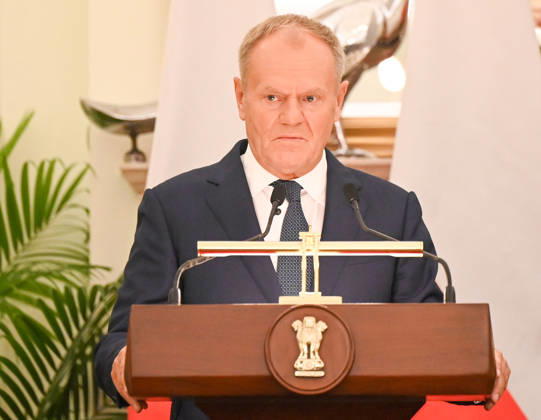 NEW DELHI, INDIA - OCTOBER 22: Prime Minister of Poland Donald Tusk address a joint press statement alongwith Prime Minister Narendra Modi ( not in the picture ) following delegation-level bilateral talks at Hyderabad House on October 22, 2026 in New Delhi, India. The high-level meeting marked Polish Prime Minister Tusk s official visit to India from October 21-23, 2026 his first visit to the country as Prime Minister since 2010 aimed at advancing the India-Poland Strategic Partnership and deepening India-EU strategic ties. During wide-ranging discussions, both leaders reviewed bilateral cooperation across key sectors including trade, technology, defense-industrial collaboration, and energy, while reaffirming joint commitment toward peacefu