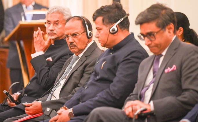 NEW DELHI, INDIA - OCTOBER 22: Minister of External Affairs S Jaishankar, NSA Ajit Doval, Foreign Secretary Vikram Misri and others during a joint press statement after a bilateral meeting between India and Poland leaders, at the Hyderabad House on October 22, 2026 in New Delhi, India. The high-level meeting marked Polish Prime Minister Tusk s official visit to India from October 21-23, 2026 his first visit to the country as Prime Minister since 2010 aimed at advancing the India-Poland Strategic Partnership and deepening India-EU strategic ties. During wide-ranging discussions, both leaders reviewed bilateral cooperation across key sectors including trade, technology, defense-industrial collaboration, and energy, while reaffirming joint com