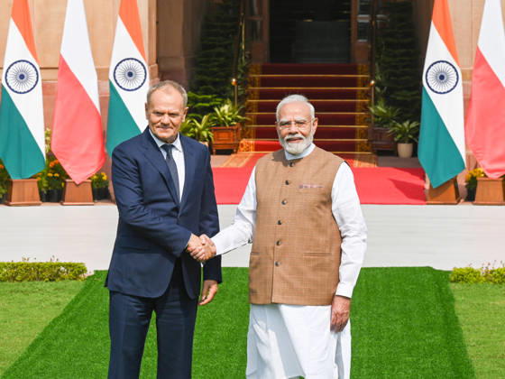 NEW DELHI, INDIA - OCTOBER 22: Prime Minister Narendra Modi (R) poses for a photograph with the Prime Minister of Poland, Donald Tusk (L), prior to their delegation-level bilateral meeting and joint press statement at Hyderabad House on October 22, 2026 in New Delhi, India. The high-level meeting marked Polish Prime Minister Tusk s official visit to India from October 21-23, 2026 his first visit to the country as Prime Minister since 2010 aimed at advancing the India-Poland Strategic Partnership and deepening India-EU strategic ties. During wide-ranging discussions, both leaders reviewed bilateral cooperation across key sectors including trade, technology, defense-industrial collaboration, and energy, while reaffirming joint commitment towa