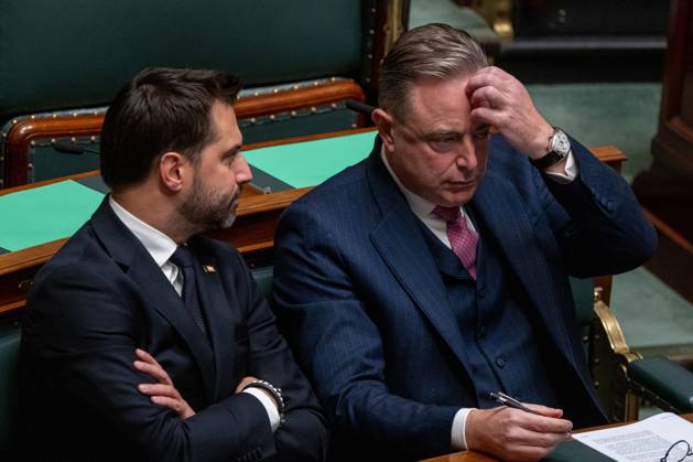 MR s Georges-Louis Bouchez and Prime Minister Bart De Wever pictured during a plenary session of the Chamber at the federal parliament in Brussels, Thursday 22 October 2026.  NICOLASxMAETERLINCK 190672374