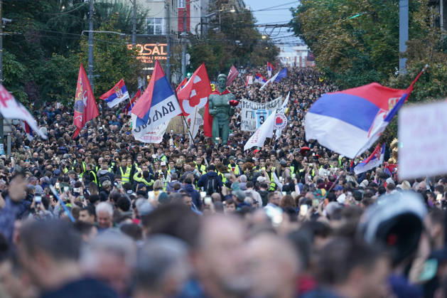 October 22, 2026, Belgrade, Central Serbia, Serbia: 20261022, Belgrade, Serbia - Supporters and members of the student protest movement ( Student List - Students Are Winning ) gather at Slavija Square for a massive final pre-election rally ahead of the upcoming parliamentary elections. Walkers and student columns from multiple cities across Serbia converged on the capital after days of marching, rallying under the slogan Victory Calls to mobilize voters before the electoral silence begins. Protesters carry a replica of the Pobednik (The Victor) monument, the symbol of Belgrade, during the demonstration. Belgrade Serbia - ZUMAd223 20261022_zip_d223_014 Copyright: xMarkoxDimicx