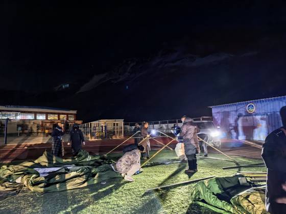 (261023) -- NAGQU, Oct. 23, 2026 -- Tents are being set up for quake-affected residents at a primary school in Baqen County of Nagqu City, southwest China s Xizang Autonomous Region, Oct. 23, 2026. Sixteen people were killed and 32 others injured after a 7.0-magnitude earthquake struck Baqen County of Nagqu City in southwest China s Xizang Autonomous Region at 10:33 p.m. Thursday (Beijing Time), according to the city s emergency management bureau. The damage caused by the quake is being further evaluated, and disaster relief work is underway. Xizang has activated a Level-II earthquake disaster emergency response, according to the regional emergency command center. (SpotNews) CHINA-XIZANG-NAGQU-EARTHQUAKE-DISASTER EMERGENCY RESPONSE 