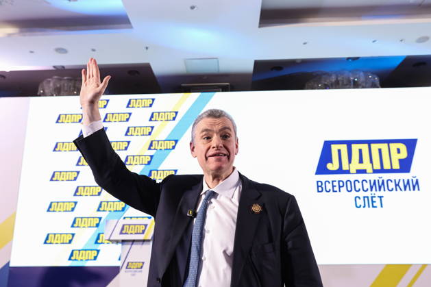 RUSSIA, MOSCOW - OCTOBER 23, 2026: Chairman Leonid Slutsky takes part in an All-Russian Convention of the Russian Liberal Democratic Party (LDPR) held to sum up the recent 2026 Russian parliamentary elections and outline the directions in the party s development for years to come. Mikhail Sinitsyn TASS  99803879