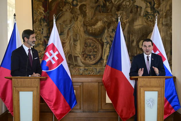 The press conference after meeting of Czech Foreign Affair Minister Petr Macinka, right, his Slovak counterpart Juraj Blanar, left, on preparations for joint session of the two governments and further development of Czech-Slovak relations, in Prague, Czech Republic, on October 23, 2026. (CTKxPhoto RomanxVondrous) CTKPhotoP2026102304223  CTKPhotoP2026102304223