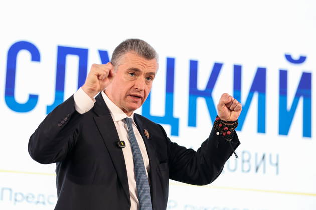 RUSSIA, MOSCOW - OCTOBER 23, 2026: Chairman Leonid Slutsky gestures during an All-Russian Convention of the Russian Liberal Democratic Party (LDPR) held to sum up the recent 2026 Russian parliamentary elections and outline the directions in the party s development for years to come. Mikhail Sinitsyn TASS  99804737