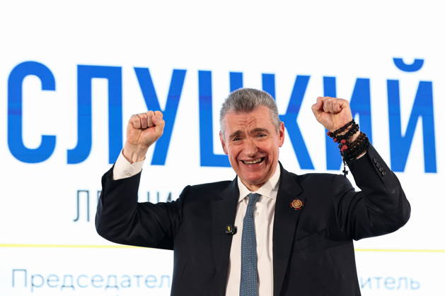 RUSSIA, MOSCOW - OCTOBER 23, 2026: Chairman Leonid Slutsky gestures during an All-Russian Convention of the Russian Liberal Democratic Party (LDPR) held to sum up the recent 2026 Russian parliamentary elections and outline the directions in the party s development for years to come. Mikhail Sinitsyn TASS  99804740