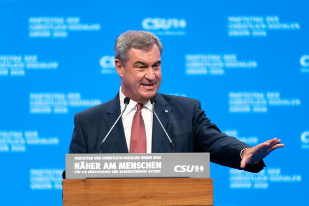 Parteitag 2026 der Partei CSU (Christlich-Soziale-Union) in der Messe München. Ministerpräsident Dr. Markus Söder hält eine Rede auf der Bühne